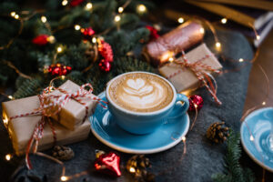 Delicious,Fresh,Festive,Morning,Cappuccino,Coffee,In,A,Ceramic,Blue