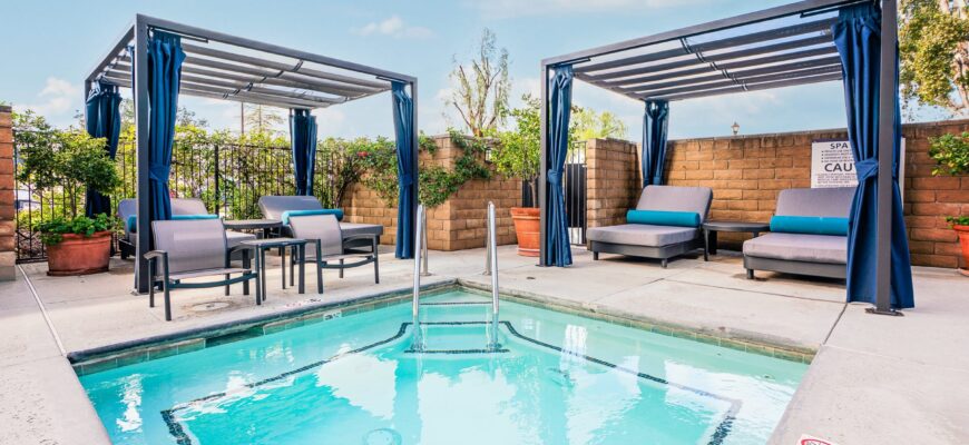 outdoor jacuzzi and cabanas